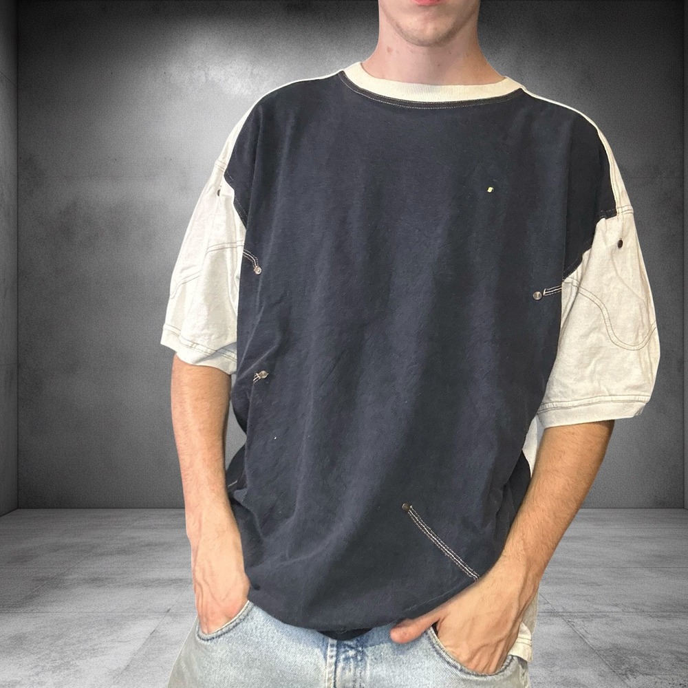 Vintage GL Two Tone Panel T-Shirt XXL Blue White Contrast Stitch Rivet Y2K Tee
